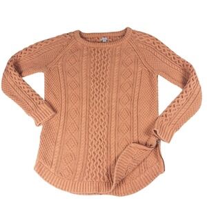 LL Bean Signature Fisherman Sweater Womens Medium Orange Cable Knit Cotton Zip